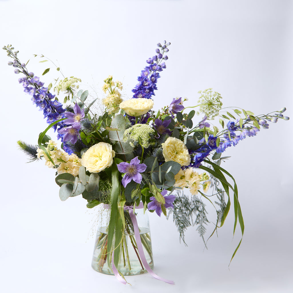 Real Wild Child (Blue delphinium / Roses / Stocks / Dill / Clematis / Eryngium / Eucalyptus)