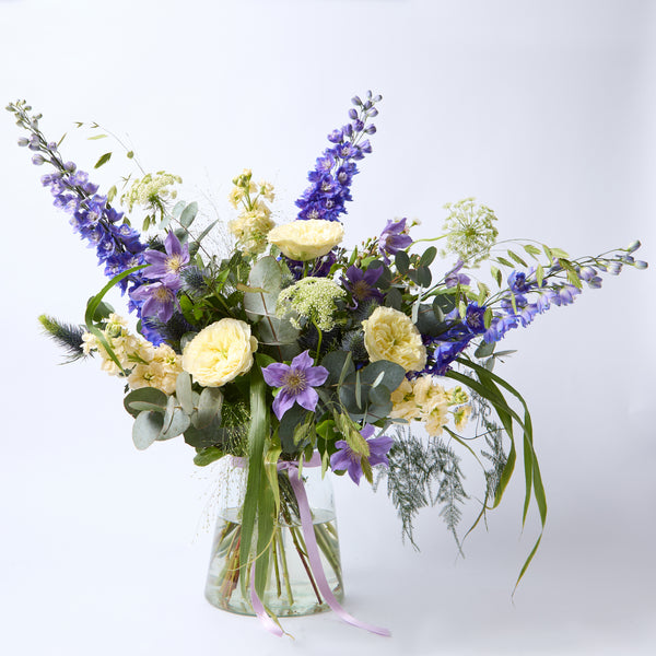 Real Wild Child (Blue delphinium / Roses / Stocks / Dill / Clematis / Eryngium / Eucalyptus)